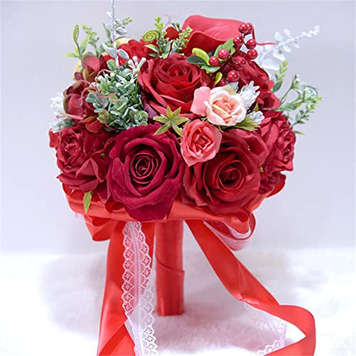 XDAWQP Braut hält Blumen, künstliche Blumen, Heimdekoration, handgefertigter Blumenstrauß für die Braut, Brautstrauß zum Werfen für die kirchliche Hochzeit, rot，Red