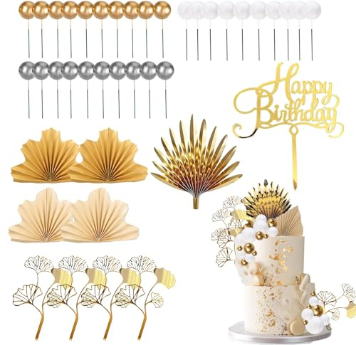 40 Pcs gold cake decorations ，Gold and White Cake Toppers, Palm Leaf and Ginkgo Leaves for Weddings, Birthdays, Christmas