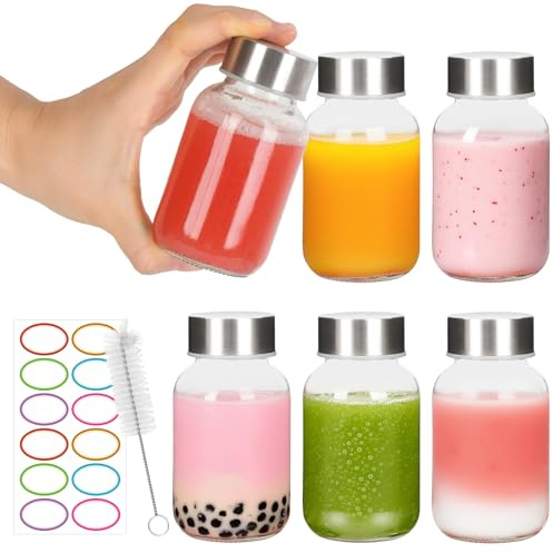 EkkoVla 6 Pack 150ml Glass Water Bottles with Stainless Steel Lids | Reusable Juice Bottles with Airtight Caps for Water, Juice, Smoothies at Home, Office & Gym