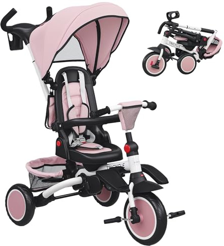 AIYAPLAY Kids Trike, Toddler Tricycle 6 in 1 Foldable Baby Trike with Adjustable Parent Handle & Canopy, Convertible Seat, 5-Point Harness, Storage Basket & Bag for Ages 1-5 Years, Pink