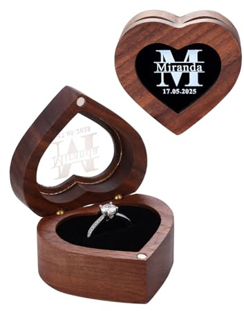 Custom4U Personalisierte Eheringbox, Einzel/Doppelnut, Herz/Quadrat/Rechteck/Oval-Ringhalter aus Walnussholz für Braut und Freundin, gravierte Schmuckschatulle für Heiratsanträge, Jubiläen, Zeremonien