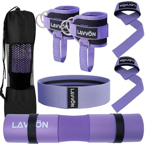 7Pcs-Barbell Pad Set for Hip Thrust - Squat Pad, Bench Press Workout Foam Weight Lifting Bar Cushion,Gym Accessories for Women with Bar Bad,with Gym Ankle Straps,Hip Resistance Bands,Lifting Strap (Purple)
