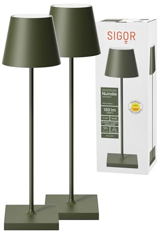 SIGOR 2 Stück Nuindie 2.0 - Dimmbare LED Akku-Tischlampe Indoor & Outdoor, IP54 spritzwassergeschützt, Höhe 38 cm, aufladbar mit USB-C, 12 h Leuchtdauer, tannengrün