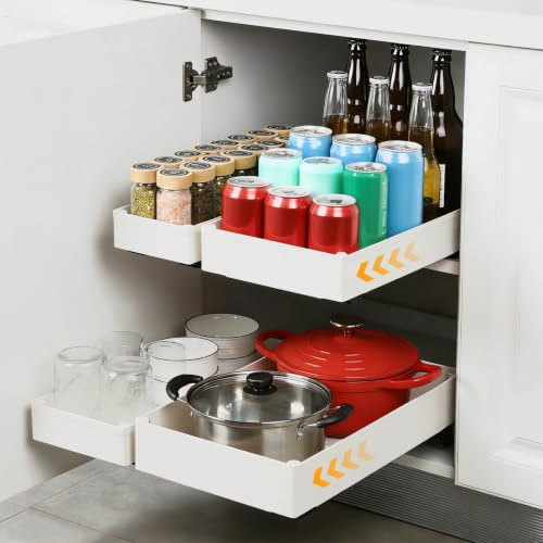 VINATO Set 4 Cassetti Estraibili per Cucina, 4 Dimensioni Organizzatore Estraibile Cucina,Cassetto Estraibile per Dispensa, Montaggio Senza Fori - Cassetti Estraibili per Armadi