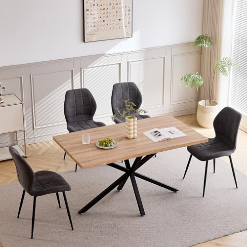 GrandCA HOME Juego de Mesa y Sillas de Comedor, Mesa de Comedor Rectangular 140 * 78 * 77cm,4 Sillas de Comedor Ttapizadas, Juego de Muebles de Cocina de 5 Piezas (Color Claro + Gris)