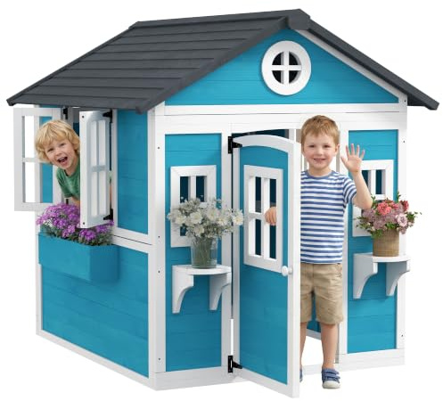 Outsunny Casita Infantil Exterior e Interior de Madera, Casita Infantil con Puerta, Ventanas, Jardineras y Soportes de Flores, Casa de Jardín para Niños de 3-8 Años, Azul