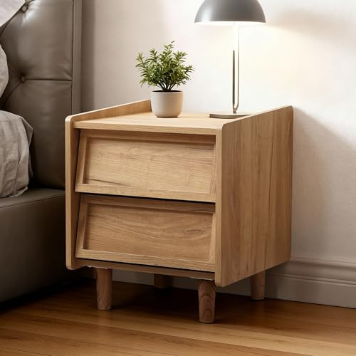 Hometopia Nachttisch Holz mit 2 Schubladen, Moderner Nachtschrank mit abgeschrägten Fronten, Bedside Table für Schlafzimmer, Schmal 43 × 39 × 49 cm