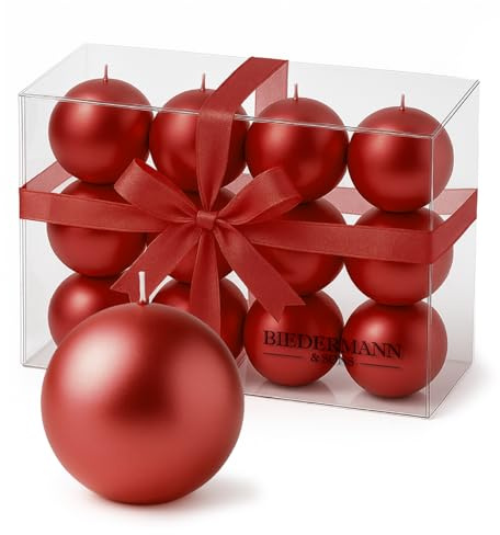 Biedermann & Sons Red Ball Candles (Set of 12), Unscented Metallic Spheres, 1.5 Inch Small Rounds, Approx 2 Hour Burn, for Holiday Tables and Party Displays