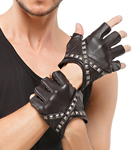 Nappaglo Herren Lederhandschuhe für fahren italienisches Lammfell Halbfinger Fingerlose Ungefüttert Motorrad Radfahren Handschuhe (S (Umfang der Handfläche:bis zu 20.3cm), Braun)