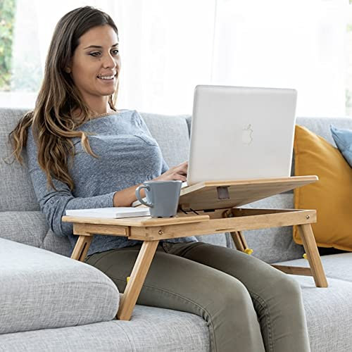 Tragbarer Laptop-Ständer aus Bambus, faltbarer Laptop-Tisch, verstellbar für Bett Couch und Sofa, tragbarer Schoß-Schreibtisch, Bett-Tablett, Stehschreibtisch und Computertisch
