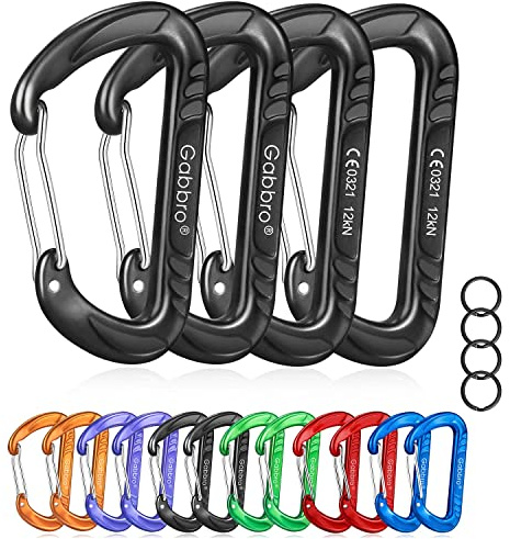 Gabbro Carabiner Clips Heavy Duty 12kN (2697 lbs), | 3.2 Inch, Aluminum, Wiregate Snap, Lightweight, 4 Pack | for Hammock, Hiking, Camping, Water Bottle, Dog Leash Harness, Keychains Black