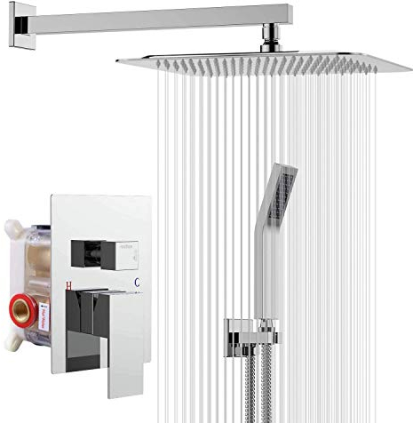 Rainsworth Set Doccia Incasso Cromo, Sistema Doccia Completo con Miscelatore, Kit Doccia con Soffione Doccia a Pioggia 30 * 30cm, Soffione Doccia, Miscelatore da incasso per doccia Corpo in ottone