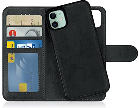 MyGadget Flip Case für iPhone 11 - [ abnehmbare Magnet Hülle ] - Handyhülle aus Kunstleder - [ Klapphülle mit Kartenfach ] Schutzhülle in Grau Schwarz