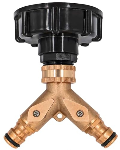 MegaHaustechnik IBC Tank S60x6 Zubehör Anschluß Adapter mit 2-fach Messing Stecker für Gardena Buchse, Container GrobgewindeØ 60 x 6mm Gewindesteigung T-Stück Schraub Anschluß Kappe Deckel