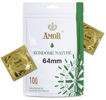 AMOR NATURE Premium-kondomer, perfekt passform och lämplig storlek för alla – Ø 64 mm, Genomskinliga, Förpackning med 100