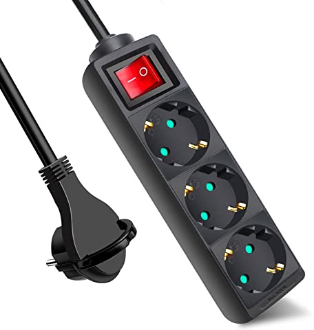 EXTRASTAR 3 Fach Flachstecker Steckdosenleiste mit Schalter, 1.5m Kabel | Mehrfachsteckdose Flacher Stecker mit Kindersicherung, 3G1.5mm², 16A, 3680W für Zuhause, Büro, Schwarz