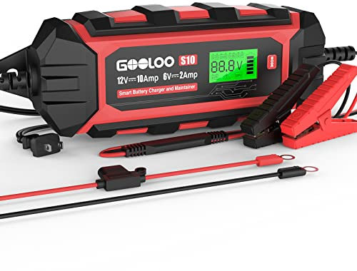 GOOLOO 10-Amp Car Battery Charger, 6V and 12V Fully Automatic Battery Charger Maintainer, Trickle Charger, Smart Battery Desulfator for Lead-Acid Batteries