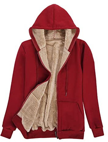 Voqeen Sweat-Shirt à Capuche Doublure Polaire Femme Sweat à Capuche Manteau en Peluche Veste Zippée à Capuche Chaud Zippé Sweat-Shirt Hiver Épais Hoodie Zip Up avec Poches(Bourgogne,M)