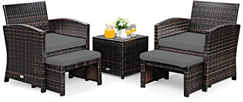 GOPLUS 5 delar Balkongmöbelset, polyrattan trädgårdsmöbelset med ottomaner, trädgårdslounge med sidobord, balkongmöbler liten balkong, utemöbler sittgrupp, sittset (grå)