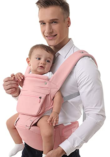 WHSPORT Babytrage 3-36 Monate mit Hüftsitz, wandelbare 3-in-1-Tragemöglichkeiten für den Rucksackgebrauch, Größenverstellbar für Männer und Frauen, Ergonomisches Design 360° Sicherheit (Color : Pink)