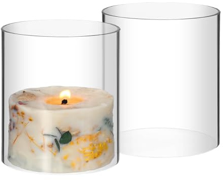 Housoutil Glaszylinder Ohne Boden, 2 Stück windlichtglas ohne boden, Kerzenhülse Glas Windlichtgläser, Hurrikan Kerzenhalter Für Weihnachten Kirche Romantische Tischdekoration Und Heimkerzen(9*10cm)