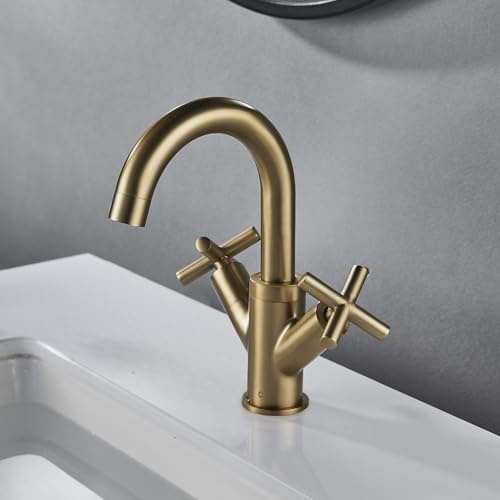Brushed Gold Basin Mixer Tap Swivel Spout with Pop Up Waste, NewEast Dual Cross Lever Brass Bathroom Sink Tap