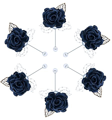 Brosche für Bräutigam, 6 Stück, für Herren, Anstecknadel, Rosen, Blume, Hochzeit, Party, Abschlussball, Anzug, Dekoration (dunkelblau)