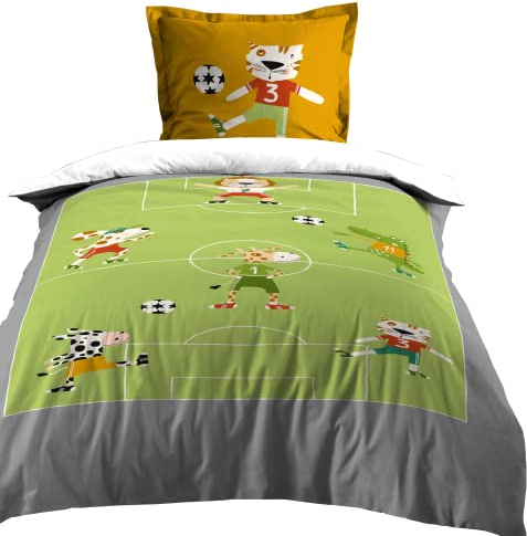 Lovely CASA - Parure Housse de Couette + 1 taie d'oreiller - Taille 140x200cm - 100% Coton - Modèle Maracana - Vert - Enfant - Garçon - Football - Ballon - Match - Jungle, 140x200