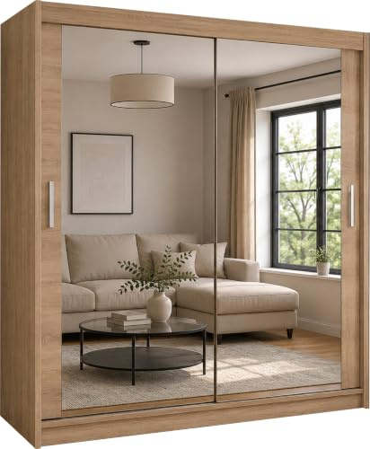 Samsun Modern Double Sliding Mirror Door Wardrobe Bedroom with Adjustable Hanging Rails, Shelves Storage Cupboard For Home Furniture (Oak, 203cm)
