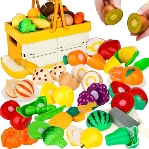 Hanmulee Kinder Lebensmittel Spielzeug Küchenspielzeug, 53 Stück Obst und Gemüse Schneidespielzeug, Spiel vortäuschen Küchenzubehör Mit Korb, Rollenspiele Geschenk für 3 4 5 Years Old Boys Girls