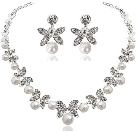 Prosy Hochzeit Braut Kristall Perle Halskette Silber Ohrringe Set Strass Anhänger Choker Halsketten Schmuck für Frauen und Mädchen (D)