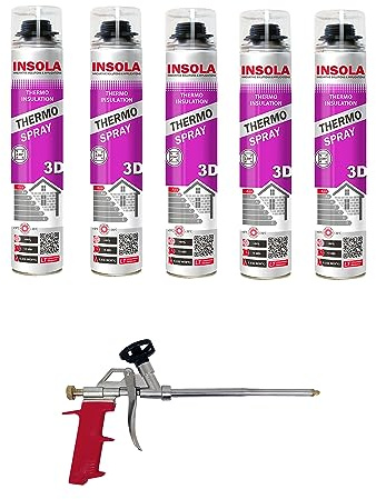INSOLA Thermo Spray 3D - Isolation Polyuréthane Projetable 850ml - L'un des Meilleurs Pouvoirs Isolants du Marché - 80% Cellules Fermées - Confort Thermique et Acoustique (Lot 5 Mousses + 1 Pistolet)