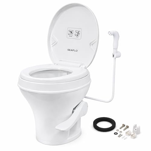 SEAFLO, SFRTPH-01-02, WC per camper con attacco per spruzzatore, altezza stile WC domestico, altezza di 46,7 cm, pedale a gravità, sedile con chiusura ammortizzata, ciotola allungata per camper