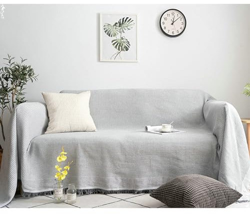 Ayoiow Überzug Sofa Bezug Sofa Grau Überzug Sofa 2 Sitzer Polyester Waffelmuster Mit Quasten