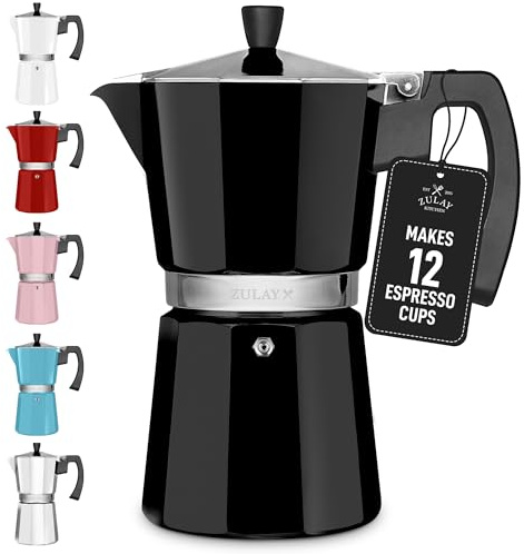 Zulay Moka Pot Espresso Stovetop Coffee Maker - Leak-Proof, Stainless Steel, Easy to Clean, Heat Resistant Handle & Knob - for Authentic Cuban & Italian Style Espresso - Makes 12 Espresso Cups - Black