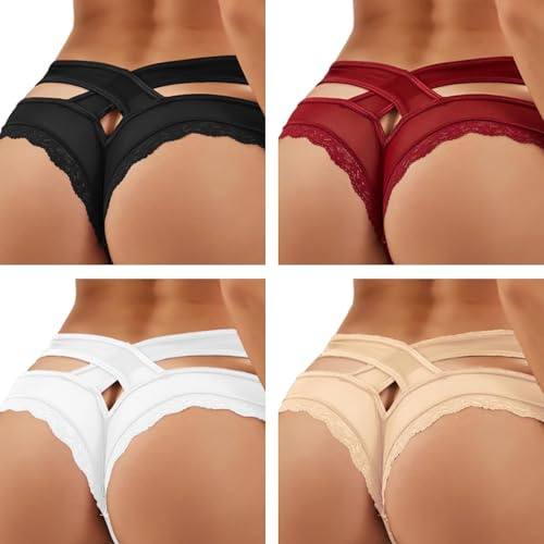 ohmydear Trosor dam 1/2/3/4-pack trosor sexig, låg midja string stringtrosor, spets bikini underkläder, sexiga underkläder för kvinnor, mesh, andas underkläder, XS-S