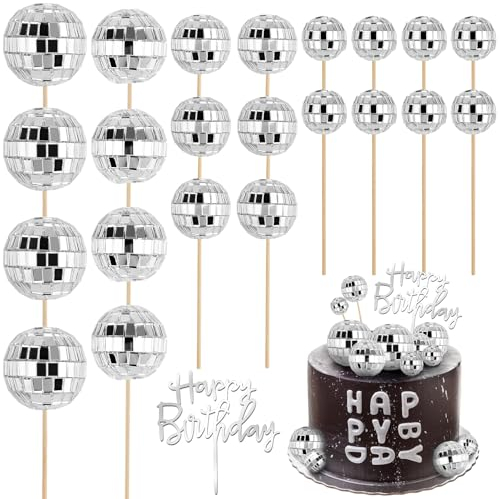 Soelomu 23 Pcs Disco Ball Cake Toppers, Happy Birthday Cupcake Picks 1970s Disco Theme Decorations for Birthday Party Favor