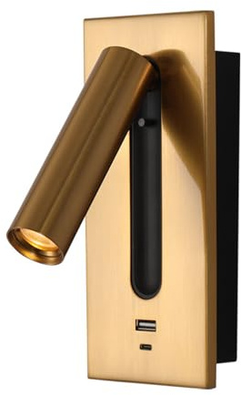Modern Wall Sconce with USB Port Charging for Bedside Adjustable Rotation Wall Lamp led Wall Reading Light with Switch Switch or Type-C Interface(Type-c+USB, Gold)