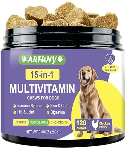 15 in 1 Hunde Multivitamine - unterstützt Verdauung, Fell, Knochen & Vitalität - Hunde Vitamine - Reich an Vitaminen, Glucosamine, Chondroitin - 120 Stück