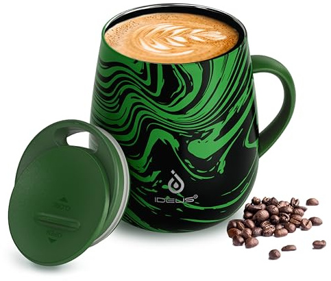Ideus® Kaffeebecher 470 ml (16 oz), doppelwandige vakuumisolierte Kaffee- und Teetasse aus Edelstahl mit rutschfestem Griff und Schiebemoduldeckel und großem Volumen (Grüne Welle)
