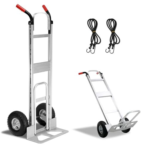 Aluminum Hand Truck 600 LBS Capacity, Handle Heavy Duty Industrial Dolly with 10 Pneumatic Tire and 2 Elastic Cords, Platform Cart for Transport and Moving in Home, Office, Warehouse, Supermarket