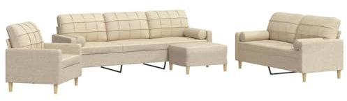 vidaXL Sofagarnitur 4-TLG., Polstersofa mit Fußhocker Rollkissen, Sitzgruppe für Wohnzimmer, Loungesofa Sessel Sofa Couch Garnitur, Creme Stoff