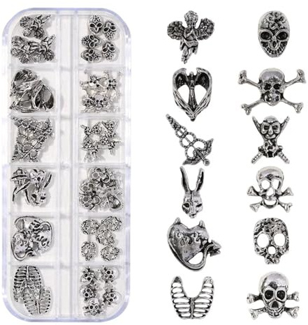 RUNRAYAY 48Pcs 3D Halloween Nail Charms, Cross Chrome Metal Nail Art Charm Vintage Gothic Retro Punk Skulls Mixed for Manicure, E