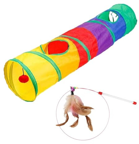 CWPFVQA Tunnel per Gatti da 1 Pezzo con Bastoncino da Divertimento per Gatti da 1 Pezzo, Tunnel Interattivo per Gatti, Giocattolo per Gatti Pieghevole, Criceti