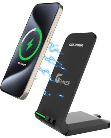 GENWER Induktions-Ladegerät, 15 W, Qi-zertifiziert, kabellos, schnelles Laden mit doppelter Spule für iPhone 16 15 14 13 12 11 Pro Max Samsung Huawei Xiaomi Google etc. – Halterung für Telefone