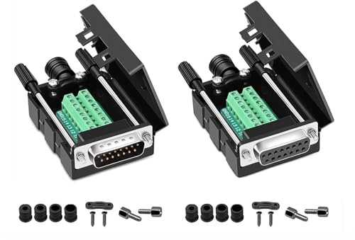 Harrisen 2PCS DB15 Lötfreie Männliche Weibliche RS232 D-SUB Serielle Adapter, 16mm Dünnere 15 Pin Port Terminal Lötfreie Breakout Connector Board mit Case Long Bolts Endrohr