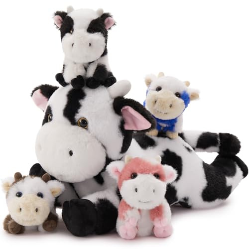 MorisMos Vaca Lechera Peluches Gigante, 40cm Vaca Mamá con 4 Kawaii Bebés, Realistas Juguete de Peluche Grandes Regalos para Niñas, Niños, Cumpleaños Navidad Decoración