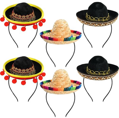 CWENDANER Juego De 6 Sombreros De Paja Del, MéXico PequeñOs Sombreros, Bola De Borla Y Diadema, Diadema De Paja, DecoracióN TemáTica Mexicana Y Recuerdos De