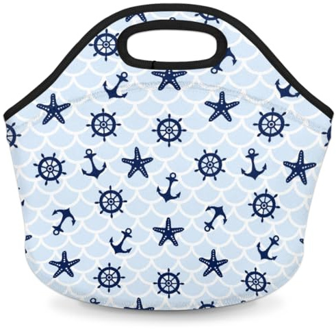 Borsa per il pranzo in neoprene a tema nautico, con timone e stella marina, borsa termica per il pranzo, morbida, pieghevole, lavabile, riutilizzabile