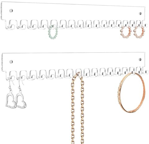 milylove Acrylic Necklace Holder 2 Pack Wall Mounted Necklace Organizer Hanging Jewelry Organizer with 17 Hooks for Necklaces, Bracelets, Rings and Bangles Display (14.17 inch)